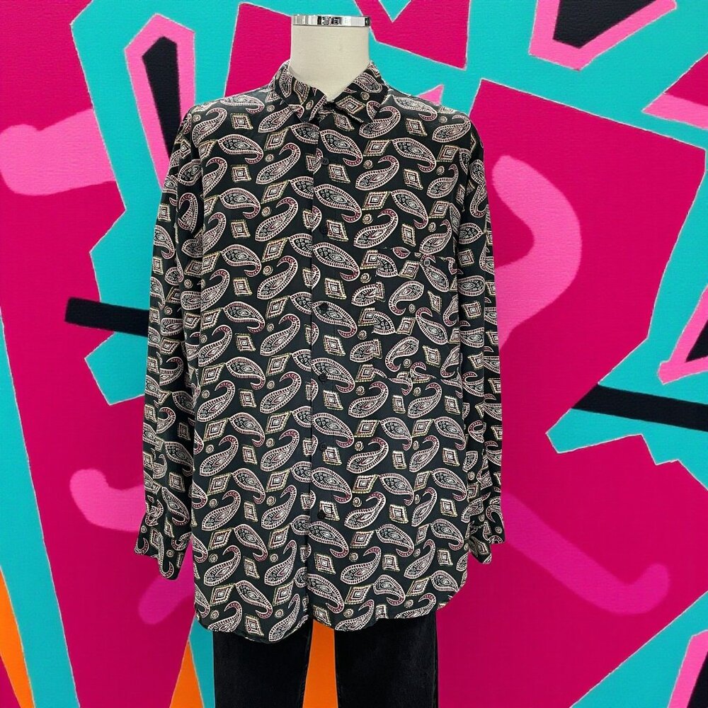 Vintage Silk Club Paisley Shirt XL 100‎ Silk Long Sleeve Y2K Streetwear Boho